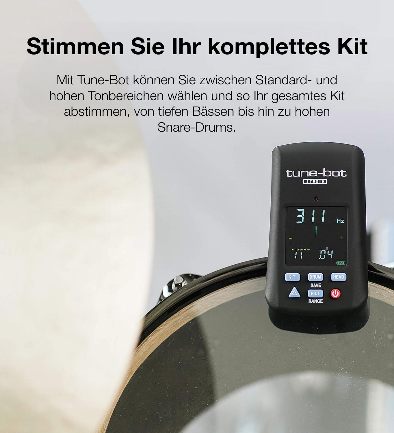 Overtone Labs Tune-Bot Studio TBS-001 Digitales Schlagzeug-Stimmgerät mit Clip, Frequenz- & Tonhöhenmessung, Speicherfunktion für 5 Drumkits, LCD-Farbdisplay, inkl. Etui