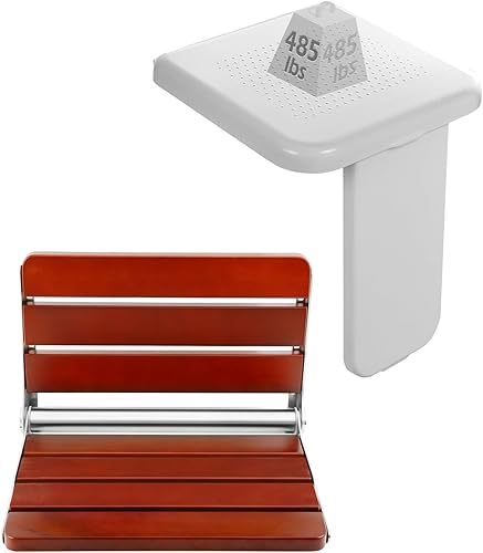 Dyna-Living Asiento de ducha plegable con soporte de carga de 400 libras, montado en la pared, madera de teca y 485 libras, asiento de ducha