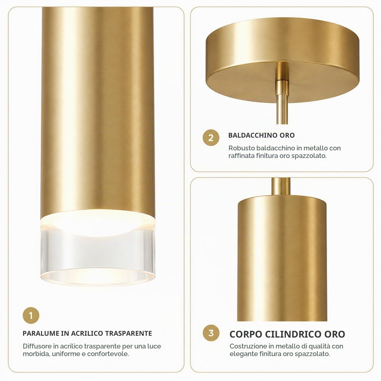 KCO Lighting Lampada a Sospensione Moderna a LED con Cilindro Dorato, Lampada a Sospensione a 3 Luci di Metà Secolo, Luci a Sospensione in Metallo Ottone Spazzolato per Isola Cucina