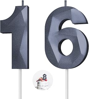 Number Birthday Candles(16 Candle Black) 3D Diamond Shape 16th Happy Birthday Cake Topper Decorations for Boy Men Birthday Wedding Anniversary Celebration Theme Party Supplies