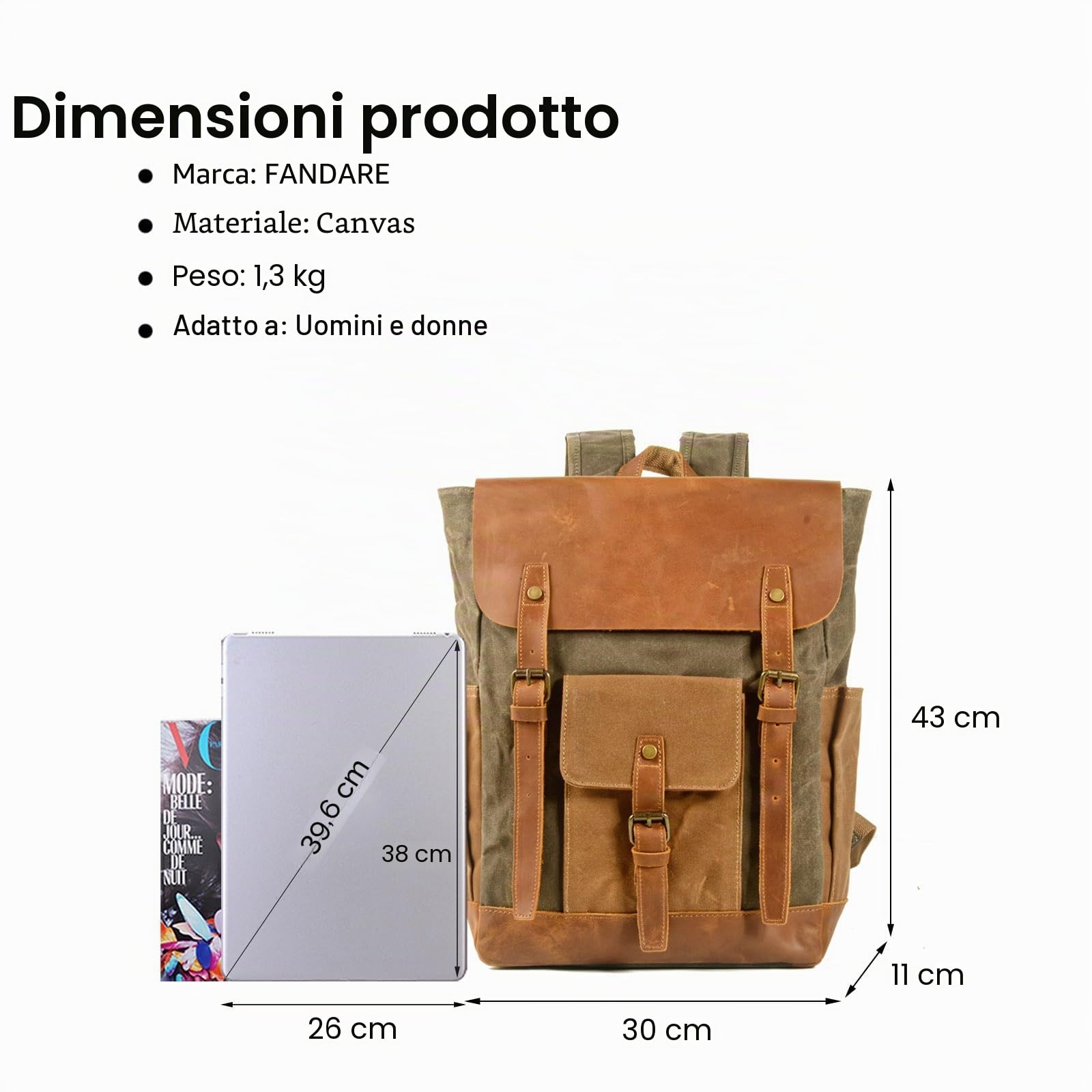 FANDARE Zaino da viaggio Zaini da escursione Borsa da Viaggio Tela Zaino da Escursionismo Uomo Donna Zaini Zainetto Trekking Borsa a tracolla Cartella per Viaggio Zaini da hiking Verde