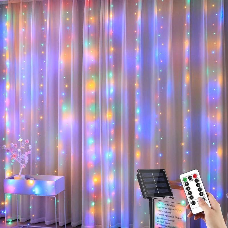 YUANYUYING Solar Curtain Lights, 3m x 1m 100 LED Outdoor Waterfall Lights with Remote & Timer, 8 Modes Cuttable, IP65 Waterproof for Garden, Gazebo, Wedding, Party Decor (Colorful)