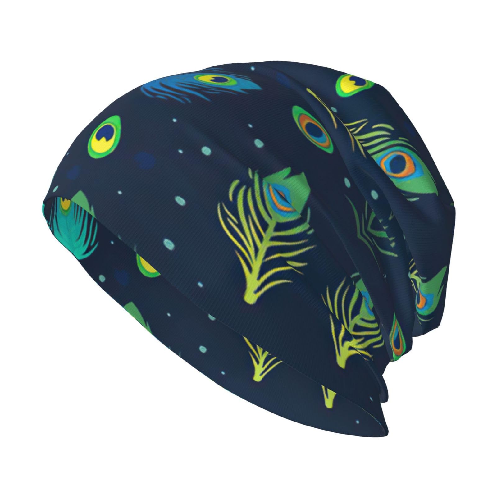 PQruop Peacock Feather Print Winter Knitted Hats,Loose Casual Knitted Hats,Skull Hats,Brimless Hats,Beanies,Elastic Cap Black