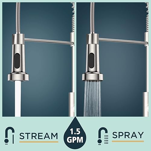 Miniatura 3 de FORIOUS Grifos de cocina con pulverizador, grifo de fregadero de cocina de níquel cepillado con placa de cubierta, grifo desplegable de acero