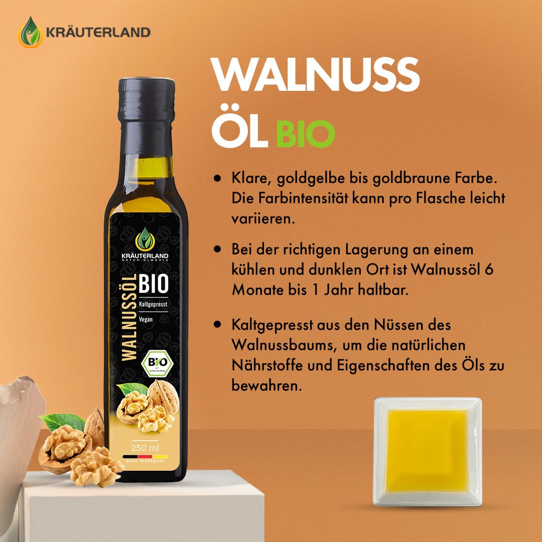 Kräuterland Bio Walnussöl 2X250ml (500ml), Bio Walnusskern, kaltgepresst, naturrein ohne Zusatzstoffe, Vegan & GVO-frei, Premium Qualität