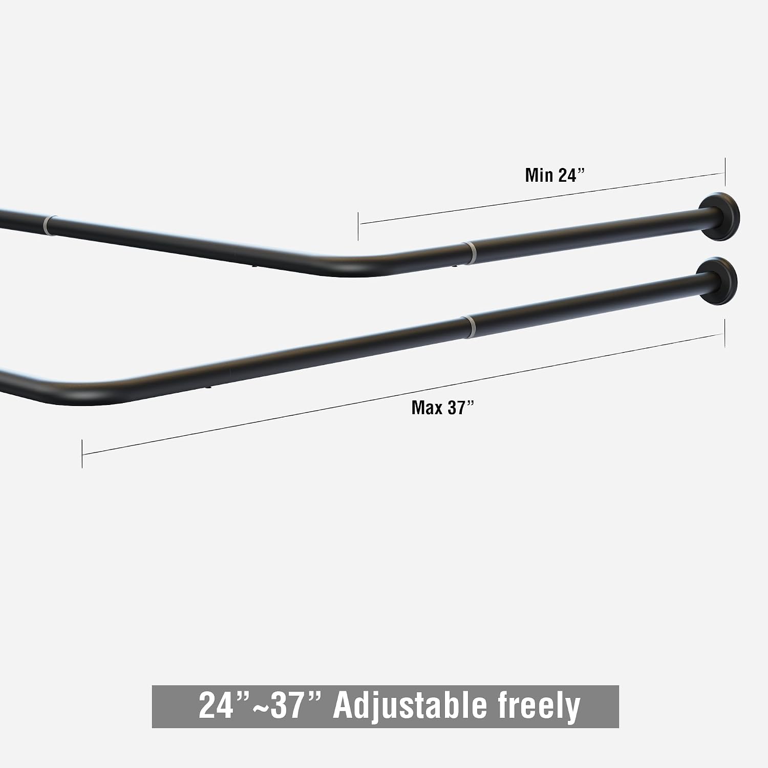 90 Degree L-Shape Corner Shower Curtain Rod, Rust Proof Heavy Duty Stainless Steel, Drilling Needed, Matte Black (Both Sides 24" to 37" Adjustable)
