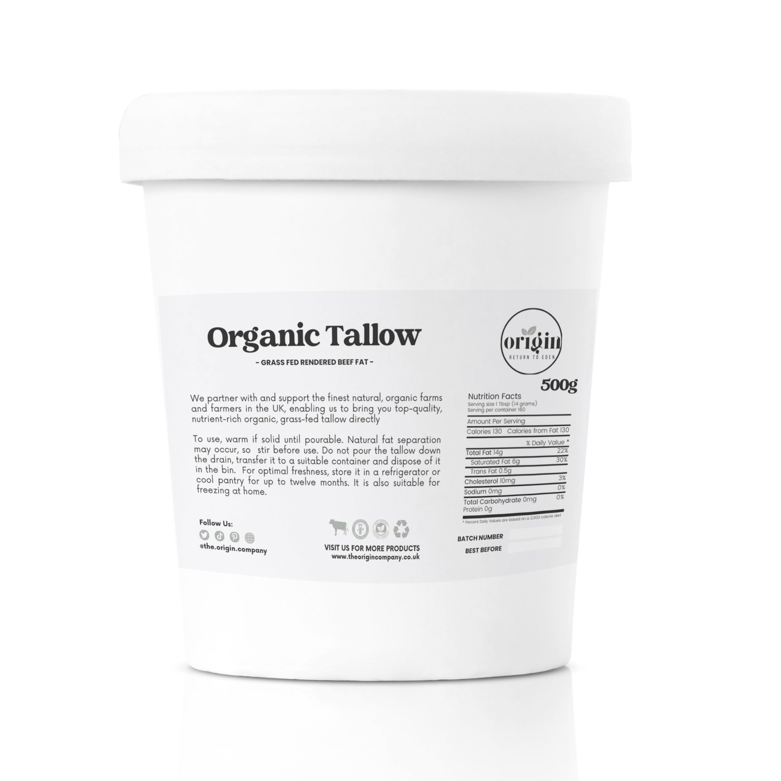 – Origin Organic Grassfed Beef Tallow | Certified Premium Quality | Beef Fat Drippings | Food & Skin Grade | Multiple Uses | British Farms (500g)