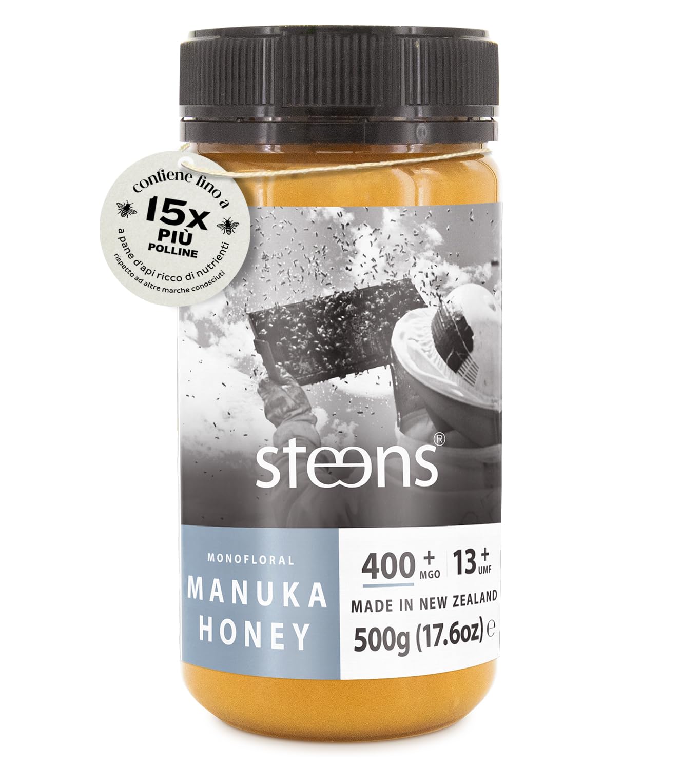 Steens Miele di Manuka - MGO 400+ - Puro Miele Manuka grezzo 100% certificato UMF 13+ - Invasettato e sigillato in Nuova Zelanda - Manuka Honey - 500 g
