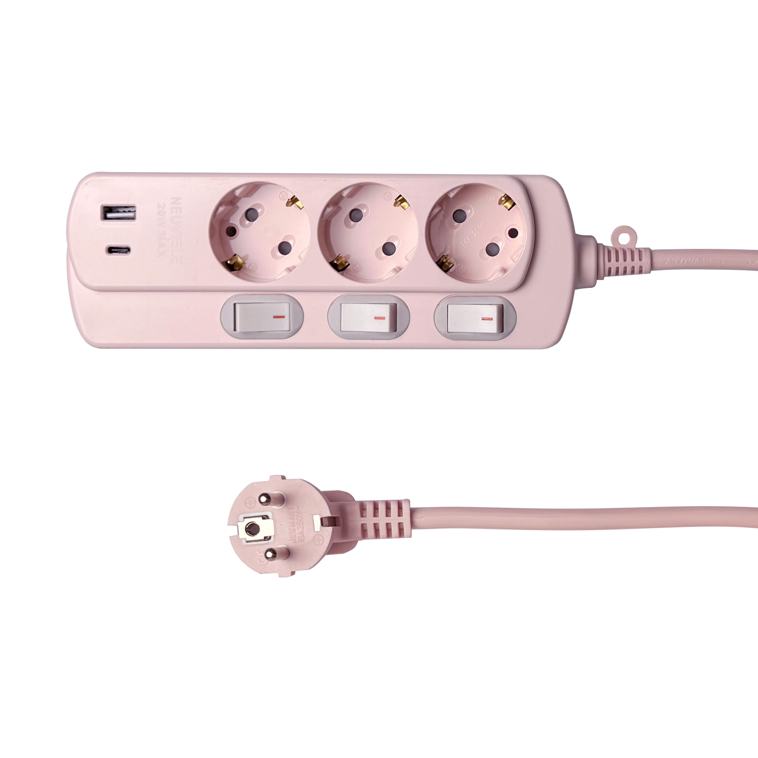 Regleta con USB C, adaptador USB C, 3 enchufes con control de interruptor, enchufe rosa