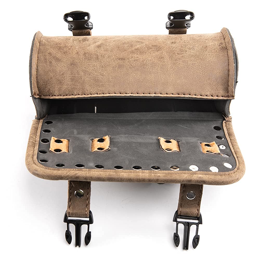 Borsa universale per attrezzi da manubrio di moto, in pelle ecologica in poliuretano, marrone, con rivetti, per Sissy Bar o portapacchi posteriore