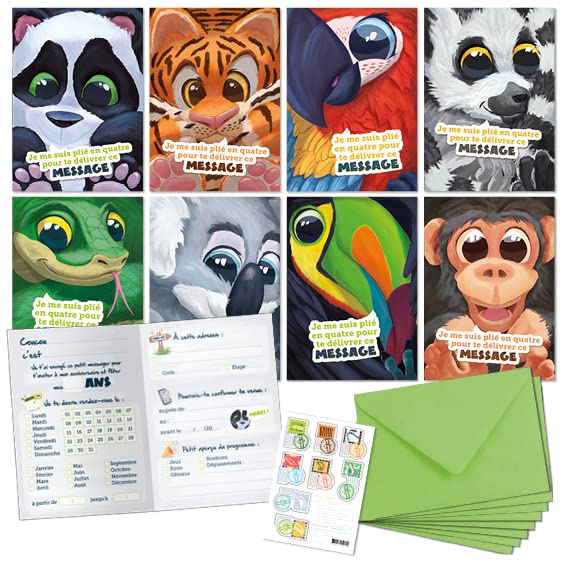 Des Contes de 9 Mois Kit 8 cartes invitation anniversaire + enveloppes + faux-timbres | Les petits messagers (Forêt Tropicale)