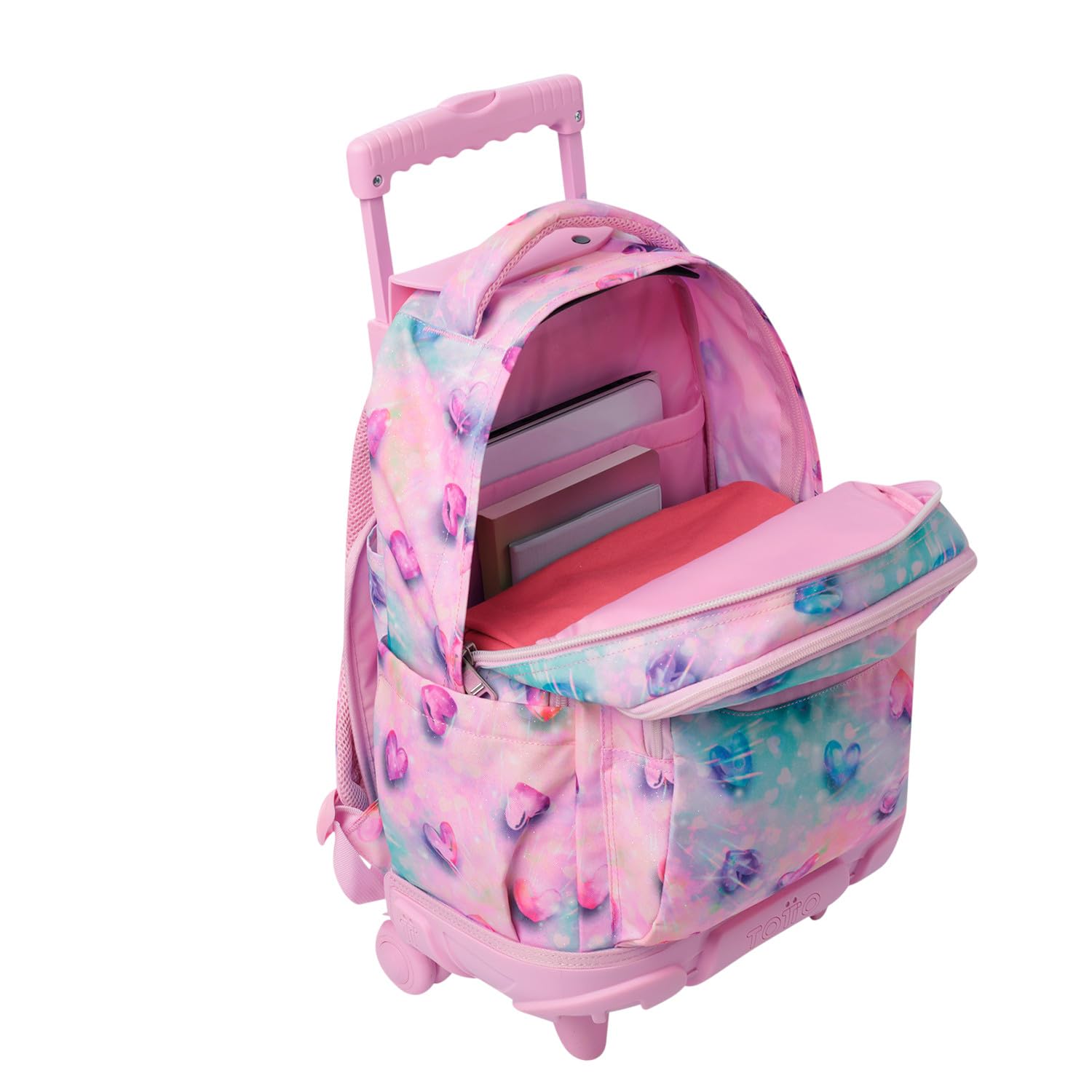 TOTTO - Zaini per la scuola con ruote, capacità 26 l, diversi modelli, con tasca per PC, manico telescopico, tasche laterali per bottiglia, spallacci ergonomici, stampe uniche, Cuore lucido glitterato