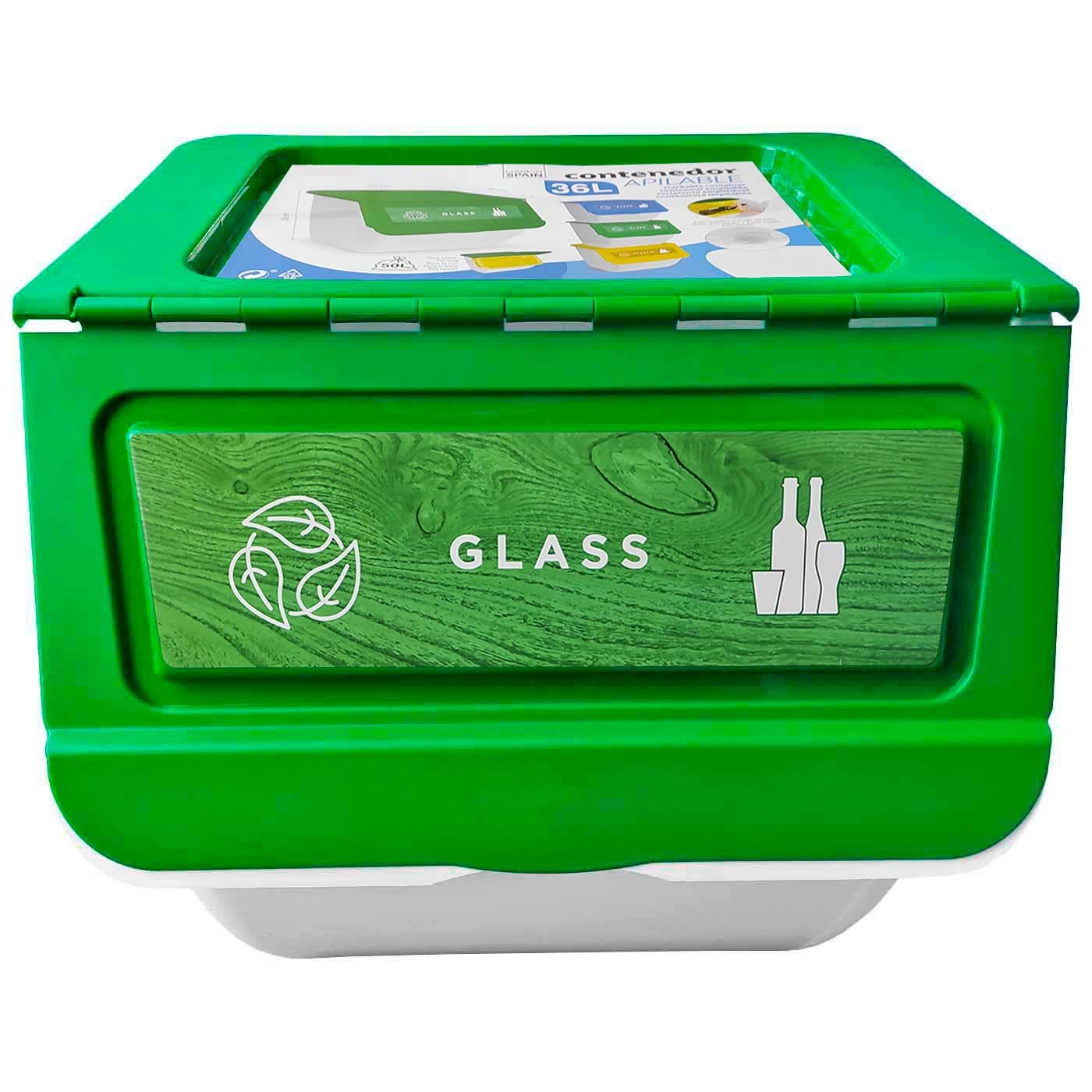 AC - Pack de 3 Contenedores apilables de Polipropileno - Cubo de Reciclaje de Basura, Caja de Almacenamiento de residuos, fácil Apertura – 36 L – Plástico, Vidrio y Papel – 36 x 38,5 x 38 cm