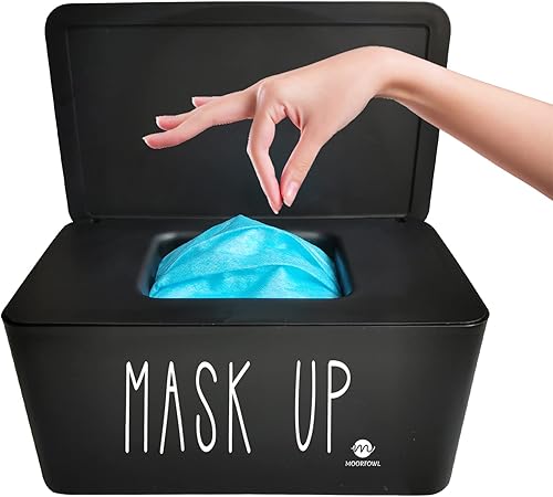 Moorfowl MASK UP - Dispensador de máscara facial con tapa, tamaño mejorado (8.2 pulgadas de largo x 4.9 pulgadas de ancho x 3.9 pulgadas de alto),