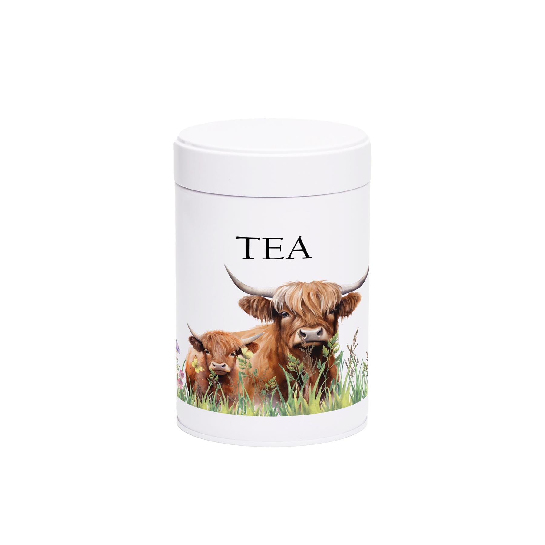 Purely Home Multicolour Highland Cow & Calf Tea Canister - Countryside Farm Animals Home Gifts - White Screw Top Lid Kitchen Storage Container 750Ml Present