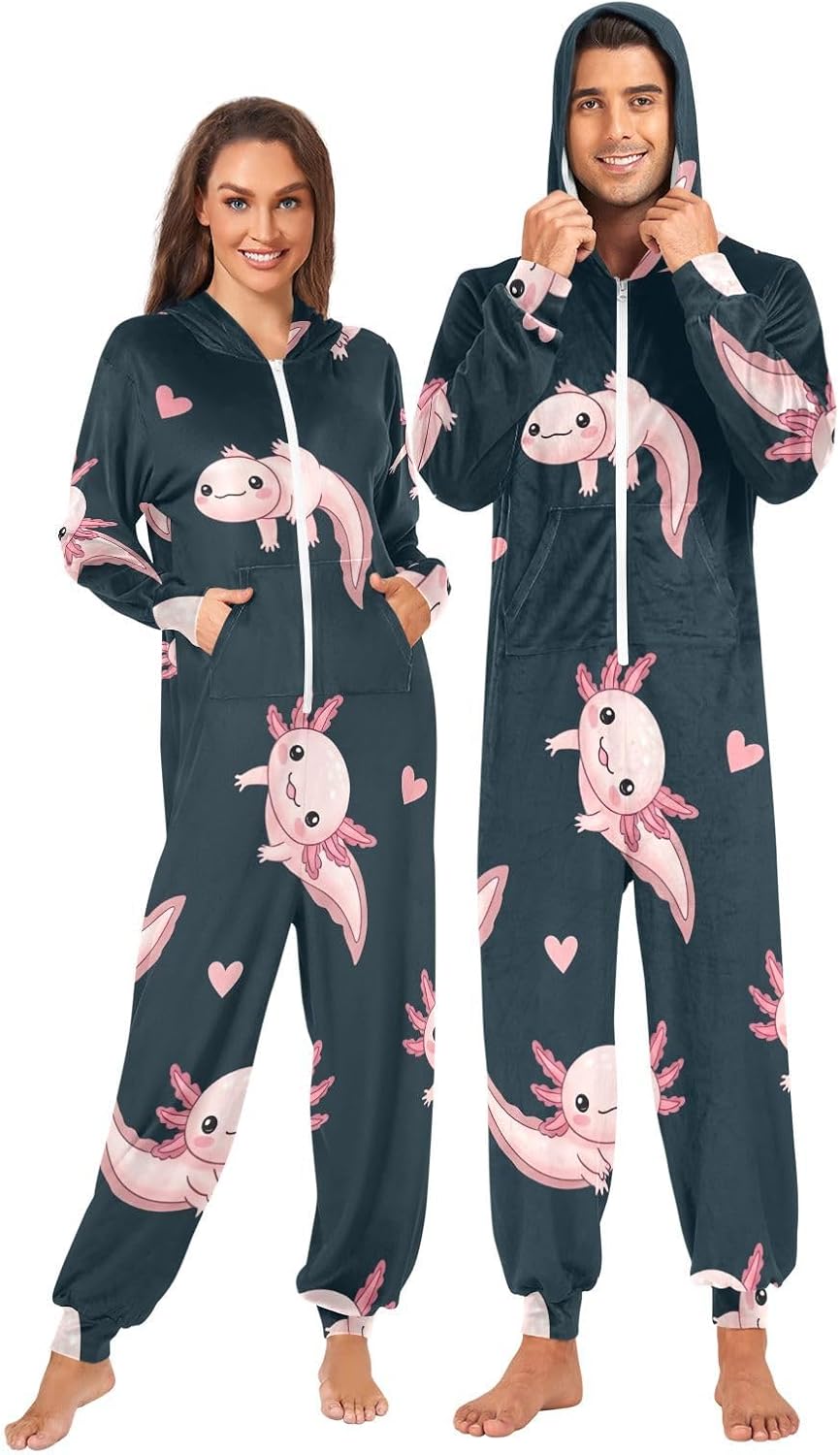 GAIREG Cute Pink Axolotls Adult Womens Hooded Pajama Onesie, Christmas Onesie Adult
