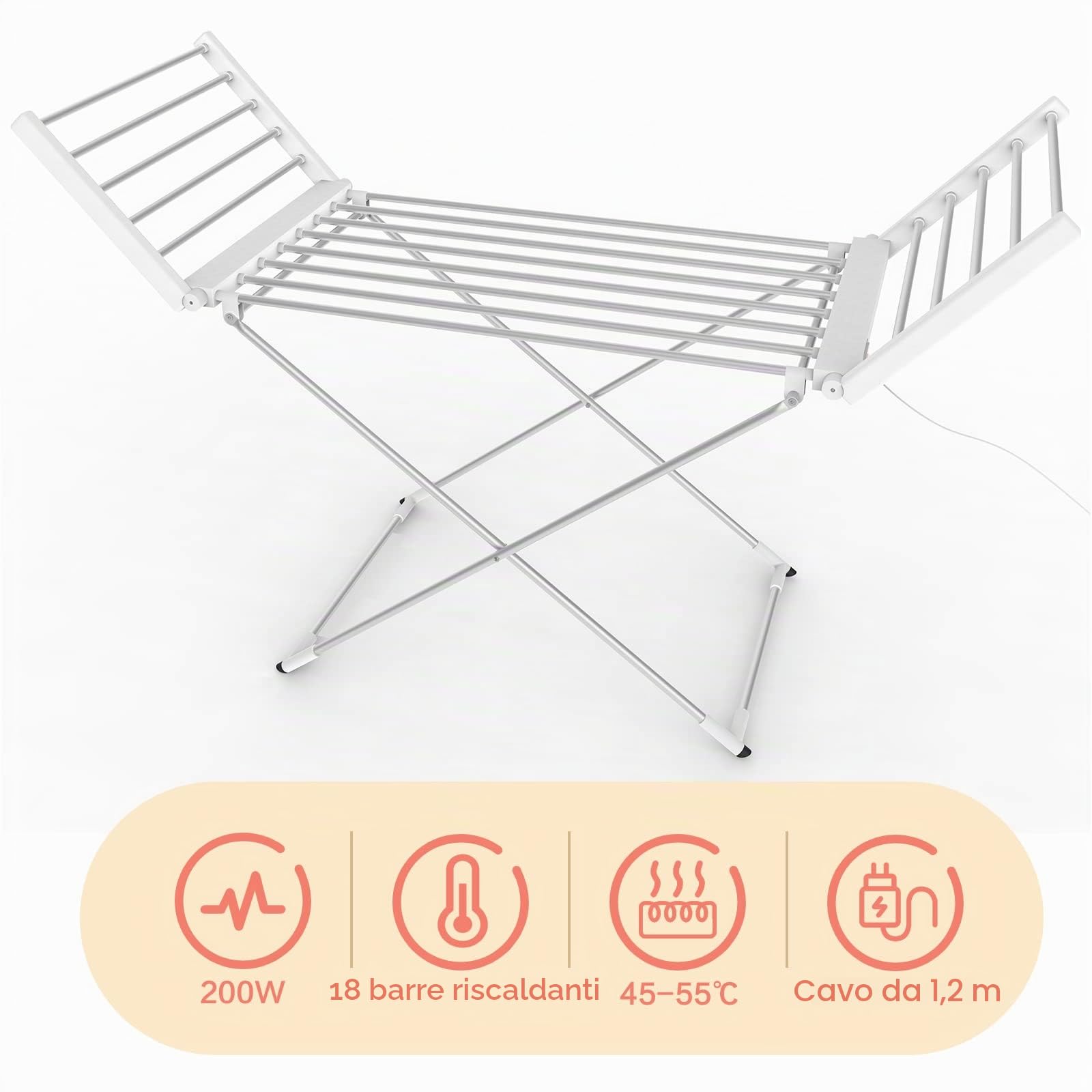 Todeco Estante Eléctrico de Lavandería, Stendibiancheria Elettrico | Tendedero Plegable para Interior, Aleación de Aluminio, Clásico, Blanco