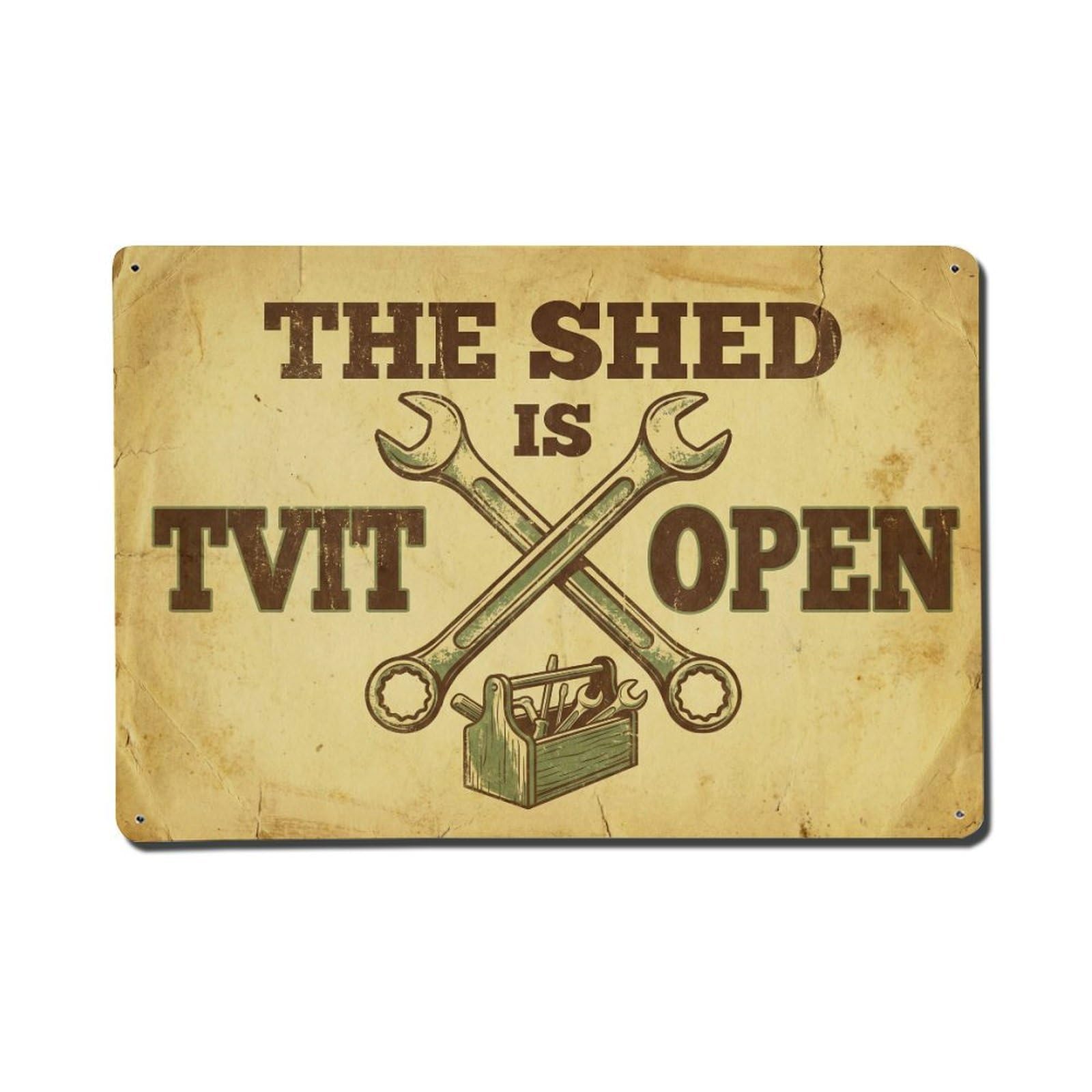 Workshop Shed Open Drop In Repair Service Tools Metal Tin Sign Plaque Wall Decor for Cafe, Man Cave, Club Bar, Office, Home Garden Round Metal Poster 8x12Inch
