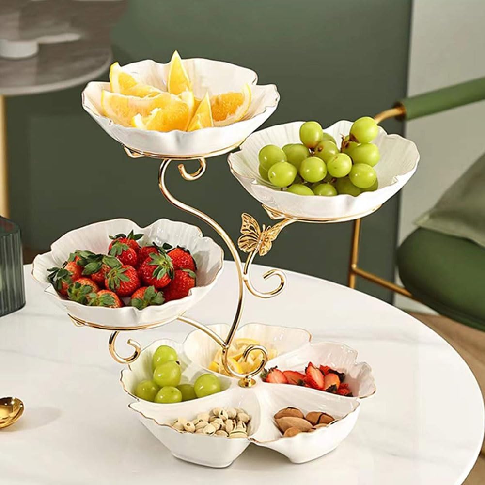 JUNYFFF Etagere 4 Etagen, Obst Etagere 4 Stöckig Obstschale Keramik, Obstkorb Etagere 4 Stöckig Mit Metall Ständer Servierteller Für Obst, Kuchen, Süßigkeiten,Weiß Küche, Haushalt & Wohnen
