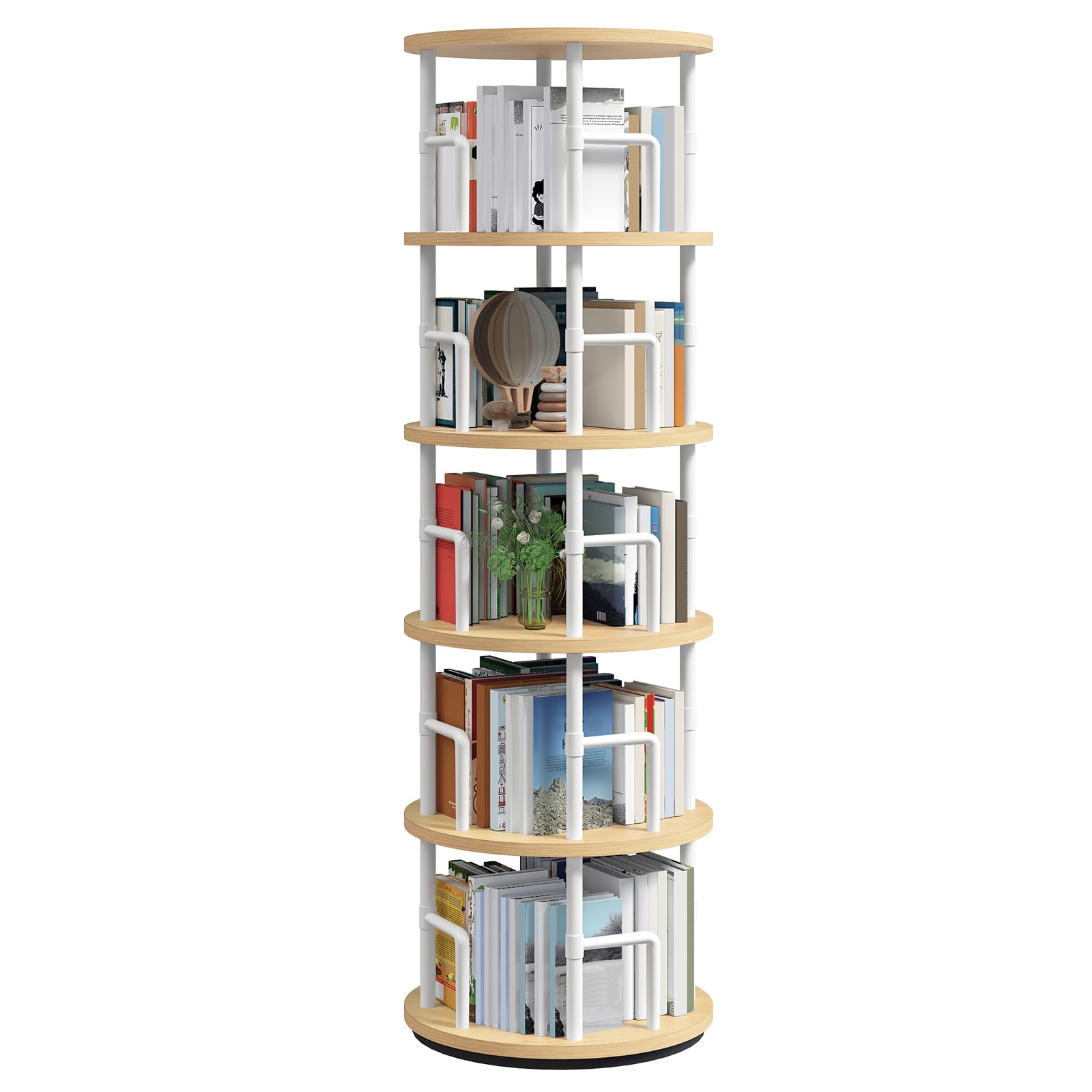 MAHANCRIS Estantería Giratoria de 5 Niveles, Display girevole a 360°,Librería de Pie con Barras de Seguridad, para Sala, Dormitorio o Despacho, Madera Natural y Blanco ABKBN4501