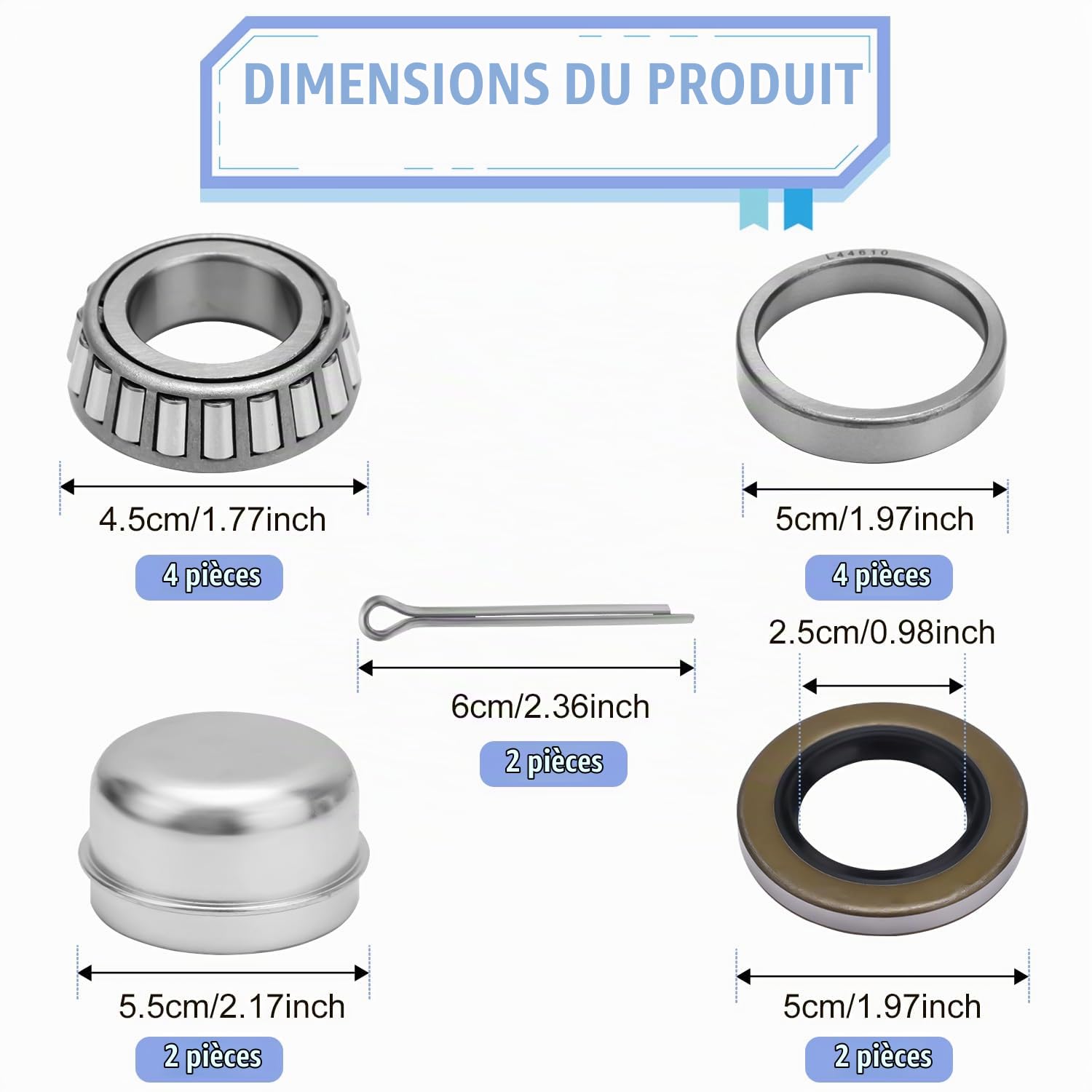 2 Jeux Kit de Roulements de Moyeu de Remorque, Roulements L44643/L44610 pour Diamètre Intérieur de 2,5cm Diamètre Extérieur de 5cm avec Joints de Graisse, Cache-Poussière et Goupilles Fendues