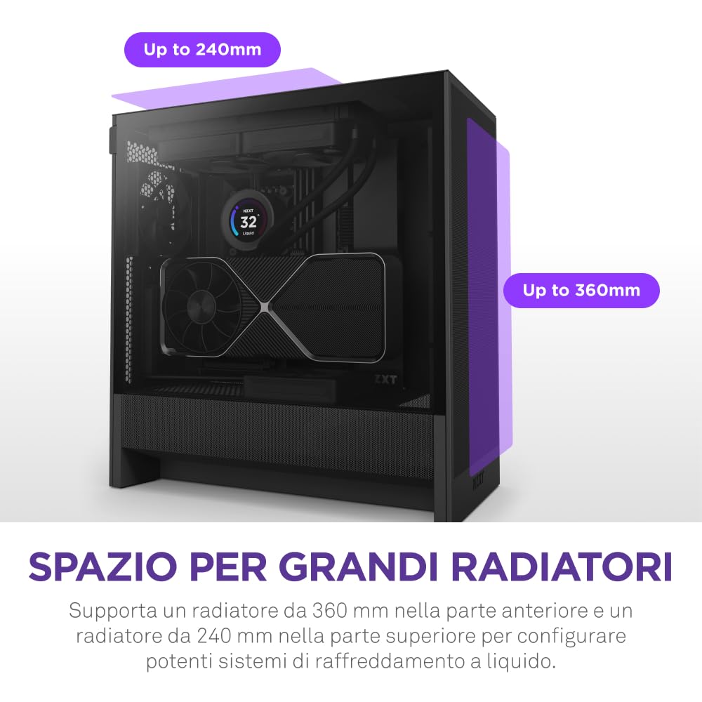 NZXT H5 Flow - Case per PC da gaming mid-tower ATX compatto - Flusso d'aria elevato - 2 ventole da 120 mm incluse - Supporto per radiatori da 360 mm (anteriore) e 240 mm (superiore) - Nero