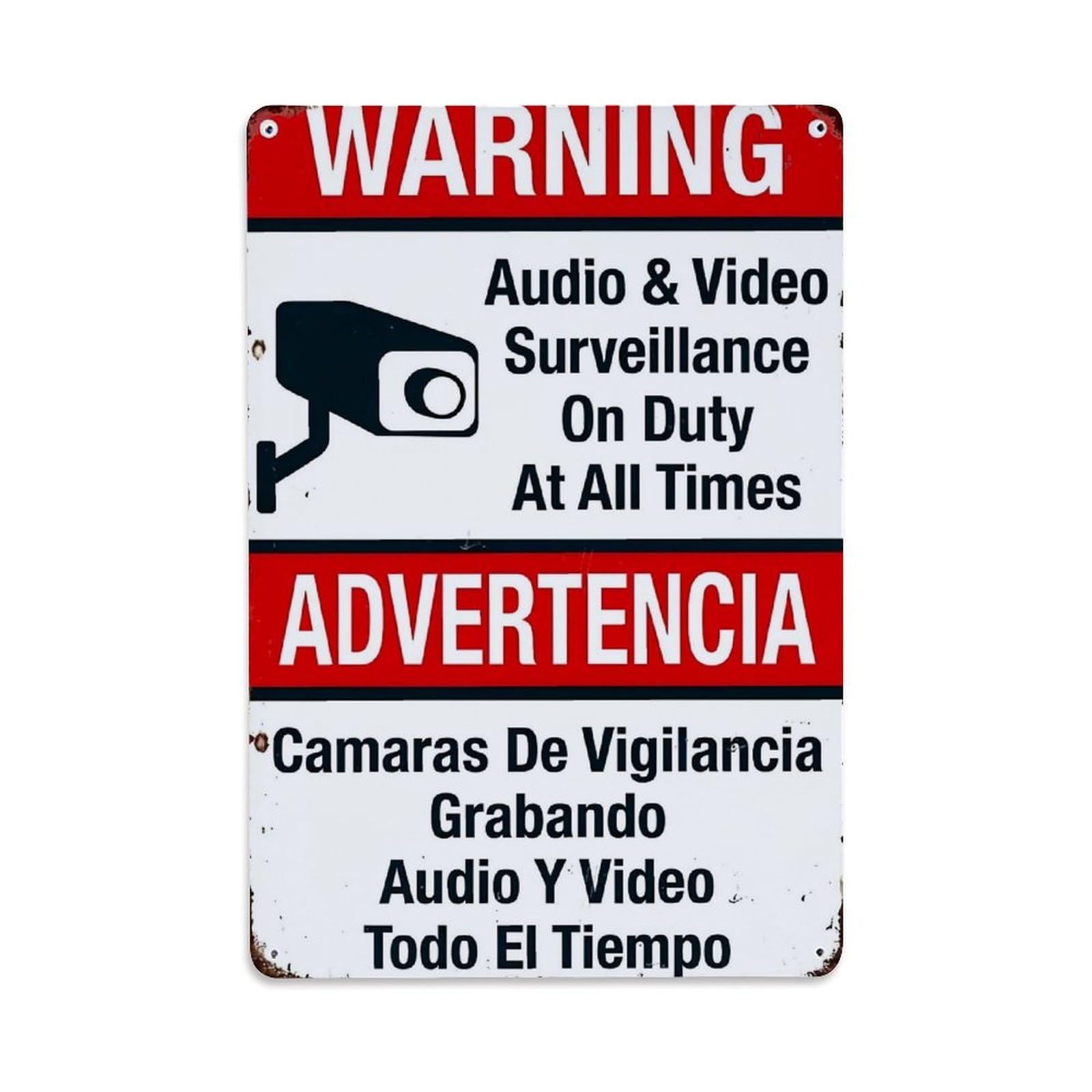 Warning Surveillance Camera Sign Bilingual Retro Metal Tin Sign, Vintage Decor Art Poster for Bar, Home, Man Cave, Kitchen, Laundry Room Gift 8x12Inch