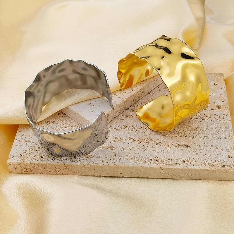 Vintage Boho Hammered Chunky Cuff Bracelets for Women - Wide Irregular Statement Bangle with Rustic Texture - Adjustable, Hand-Polished for Comfort - Versatile Deluxe4