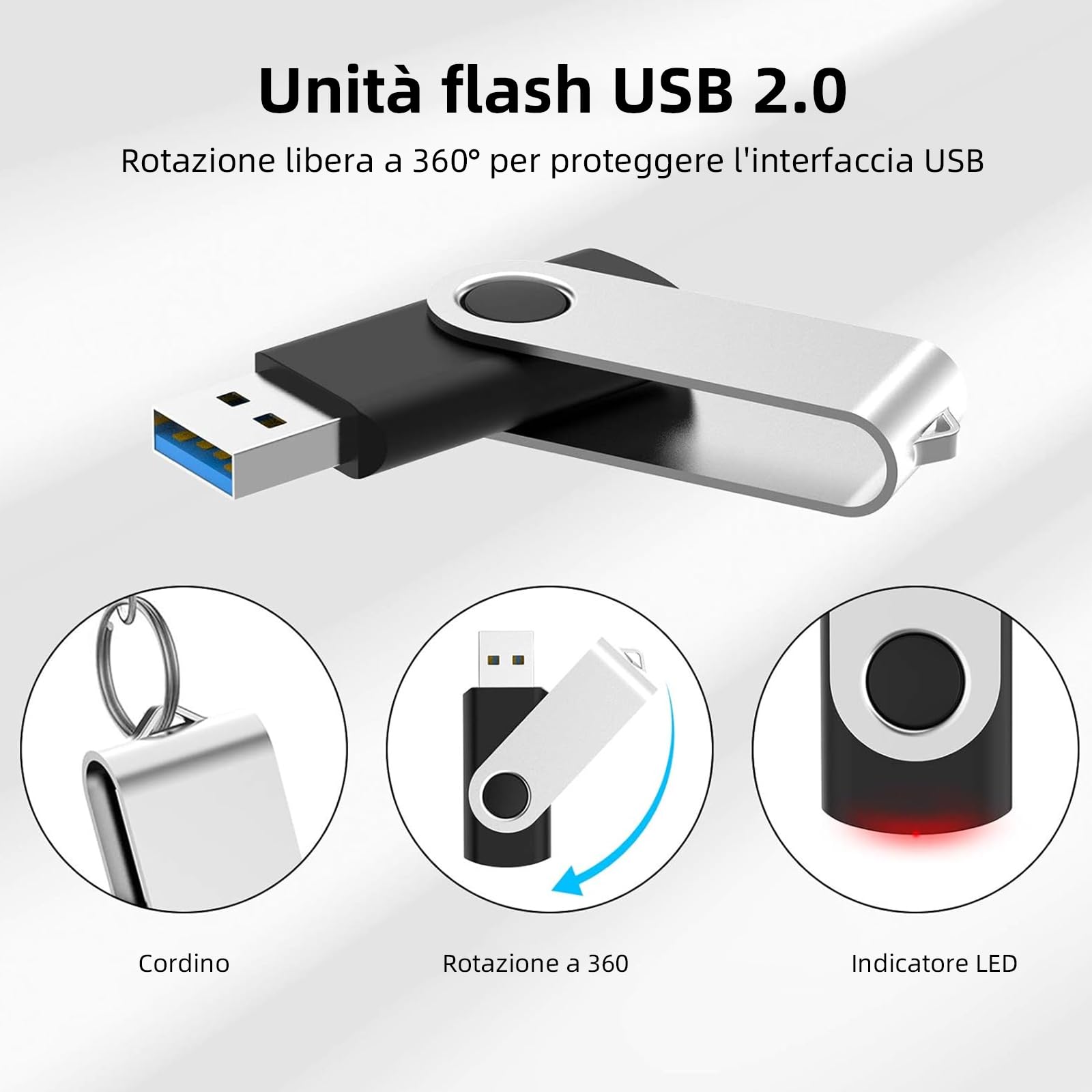 Pack De 10 Pendrives USB 2.0 De 2 GB JEVDES - Color Azul, Diseño Giratorio, Con Cordón Para Llavero
