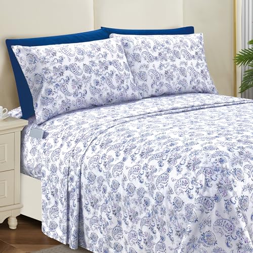 Image of Elegant Comfort Softest and Coziest 6-Piece Sheet Set - 1500 Premium Hotel Quality Microfiber - Deep Pocket, Wrinkle Resistant 6-Piece Paisley Pattern Bed Sheet Set, Full, Paisley Indigo