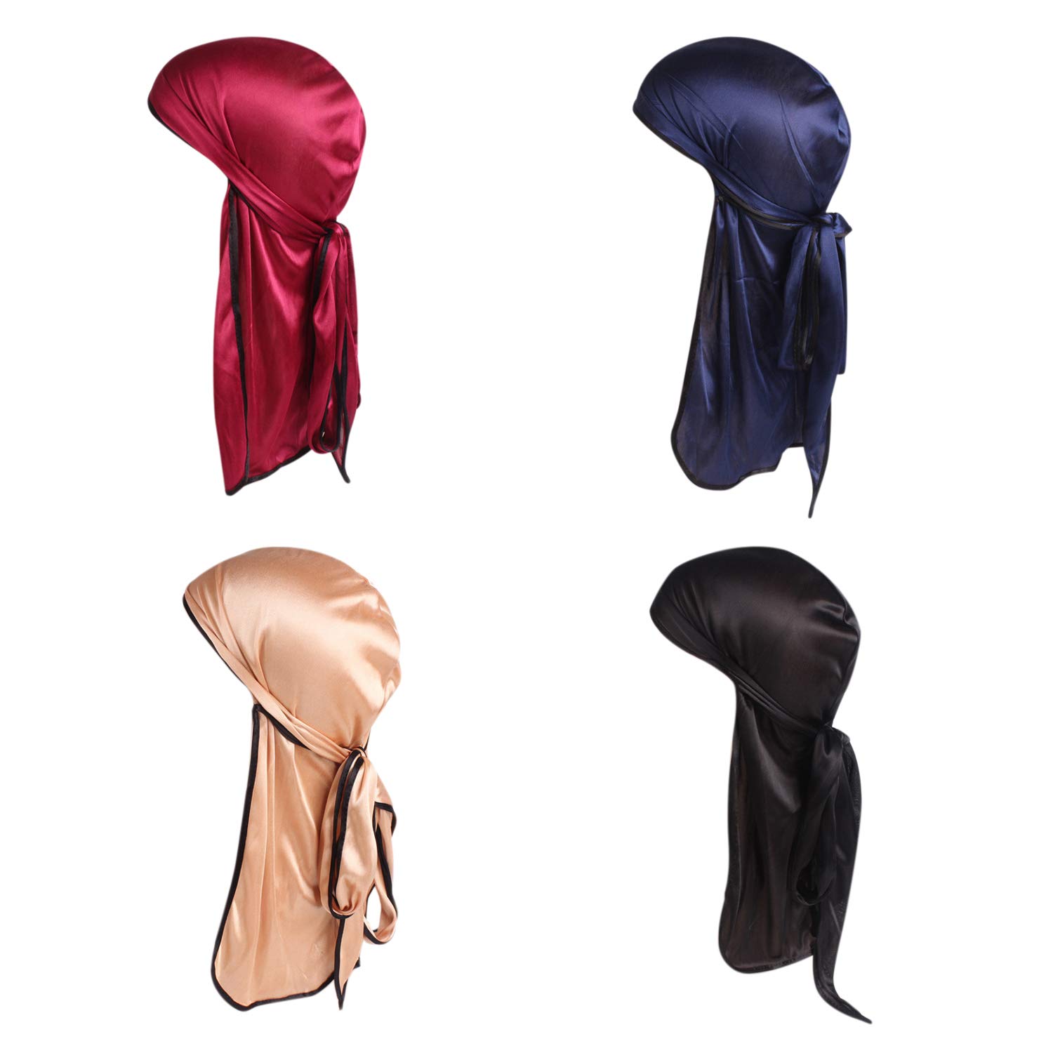 Boodtag Men's A 4-Pack Unisex Durag Long-Tail Head Wraps Silky Satin Pirate Cap Hair Loss Chemo Turban Headwraps