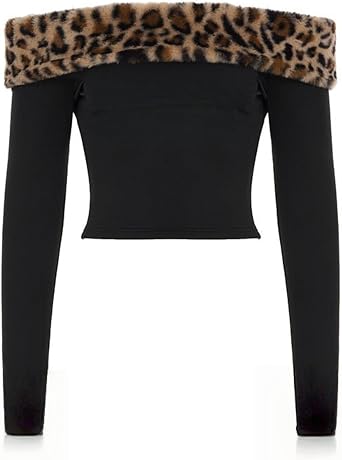 Y2k Off Shoulder Leopard Print Fuzzy Tops Women 2000s Fairy Grunge Sexy Fur Top Coquette Vintage Shirt