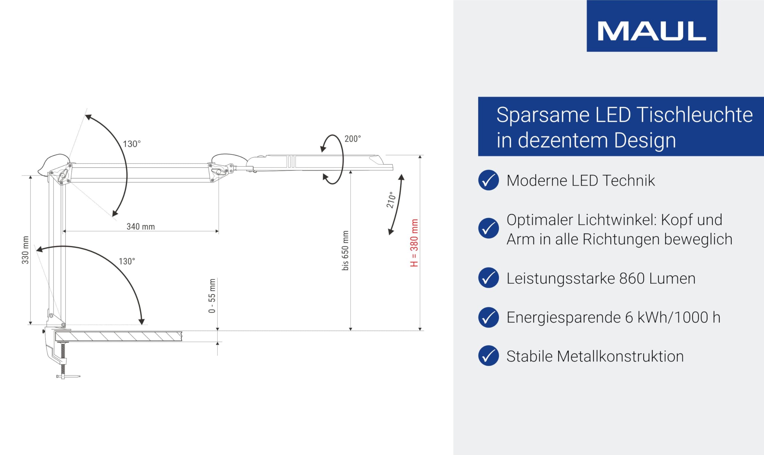 MAUL LED Tischlampe silber MAULatlantic Klemmfuß flexibler Doppelarm | tageslichtweißes Arbeitslicht, flexibel ausrichtbarer Kopf, platzsparende Tischklemme, GS-geprüft, wechselbare Lichtquelle