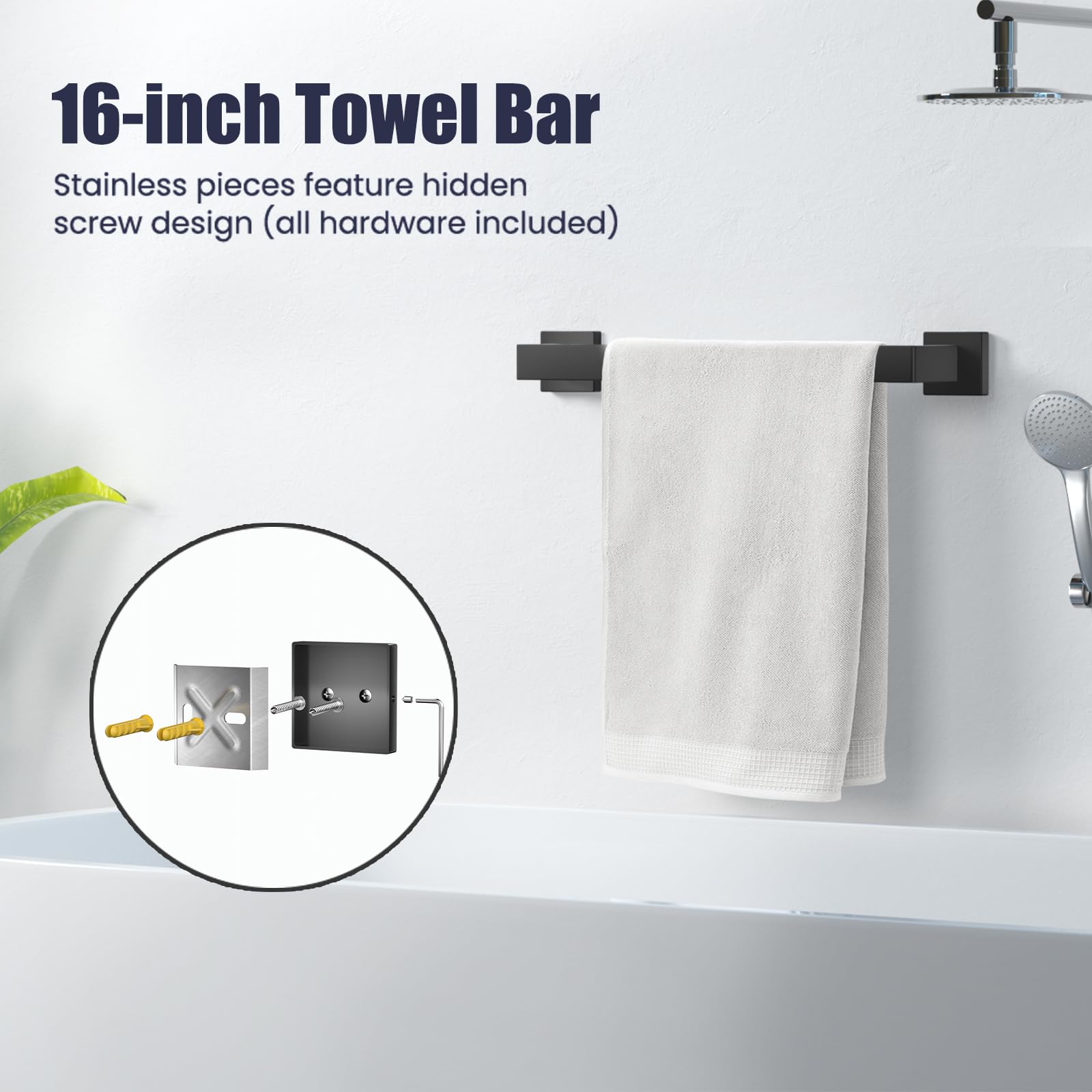 Juego de accesorios de baño: juego de 12 toallas de baño, toalleros para montaje en pared, acero inoxidable SUS304, negro mate