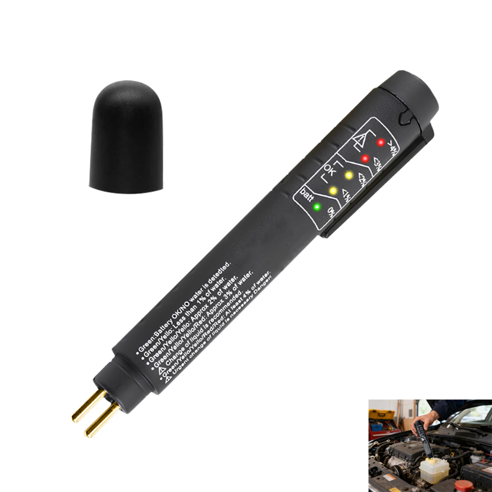 Tester Liquido Freni, Tester Olio Freni Universale con 5 LED Indicatore, Penna per Controllo DOT3 DOT4 DOT5, Rilevatore Contenuto Acqua, Strumento Portatile per Auto Moto Veicoli Officine Meccanici