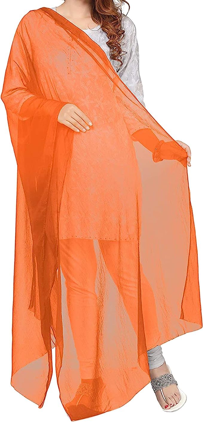Sharvgun Dupatta Chiffon Stole Scarf Plain Long Chunni Indian Lightweight Stole Hijab, Orange, Large