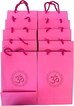 DESI BY DIL Om Indian Giftbags for Navratri - 9 x 6 Inches - Set of 10 - Diwali Return Giftbags Bulk - Indian Pooja Giftbags - Golu Return Bags for Sweets/Parsad Pink with Brown, 9x6