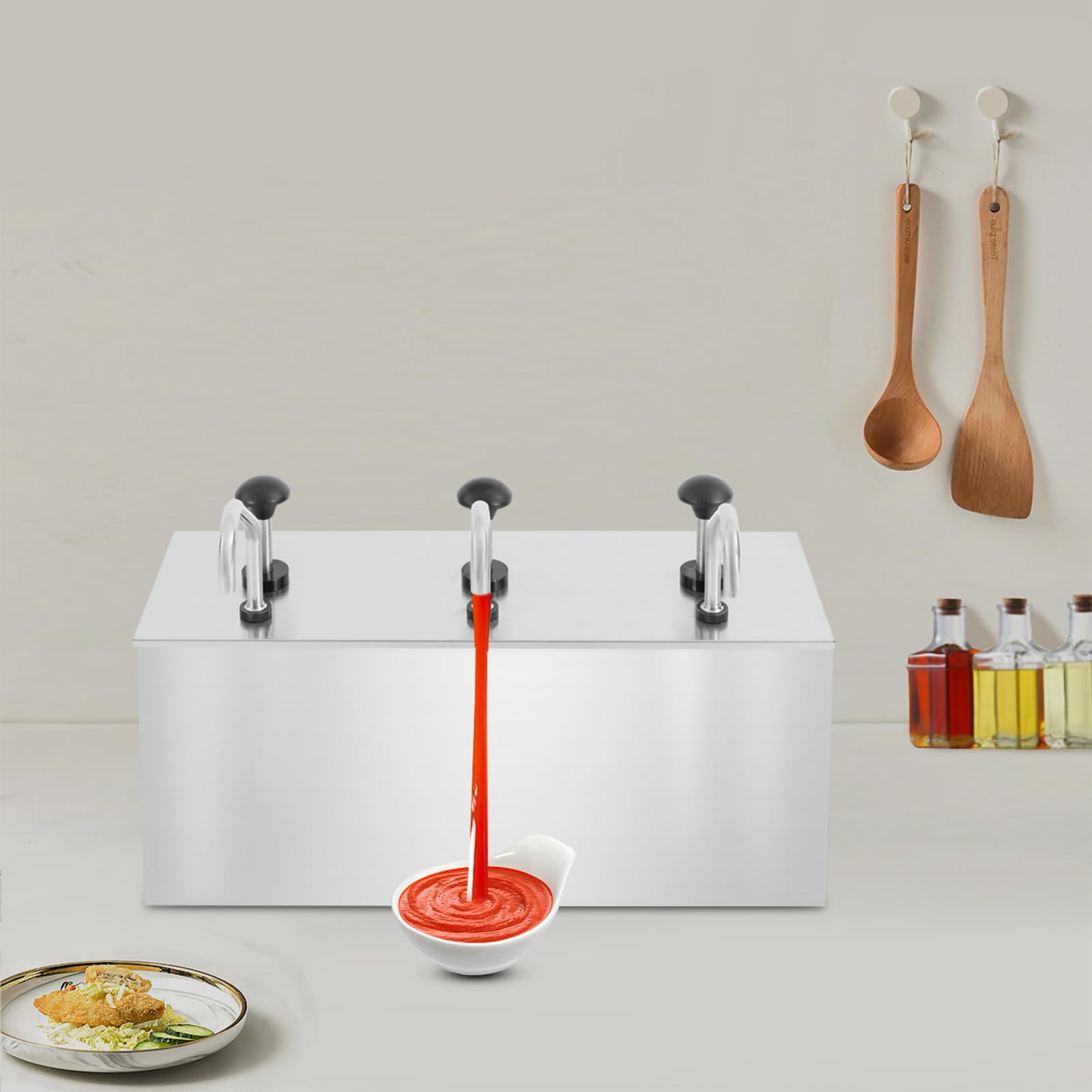 Dispenser per salse in acciaio inox, 3 x 4 l, per ristorante e cucina, con dispenser per pompe per ketchup Mayo senape, dosatore per ristorante e cucina, attrezzature igieniche a buffet