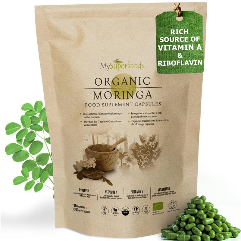 Moringa Capsules | Organic | 1500mg per Serving | 180 Capsules | Rich Source of Vitamin A & Riboflavin | MySuperfoods