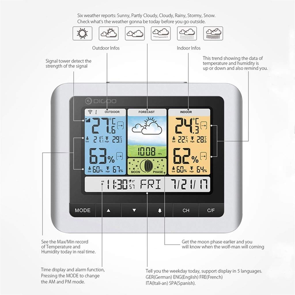 Schermo a Colori Temperatura Weather Clock Famiglia e Tester di umidità di Calendario Allarme Termometro elettronico e igrometro