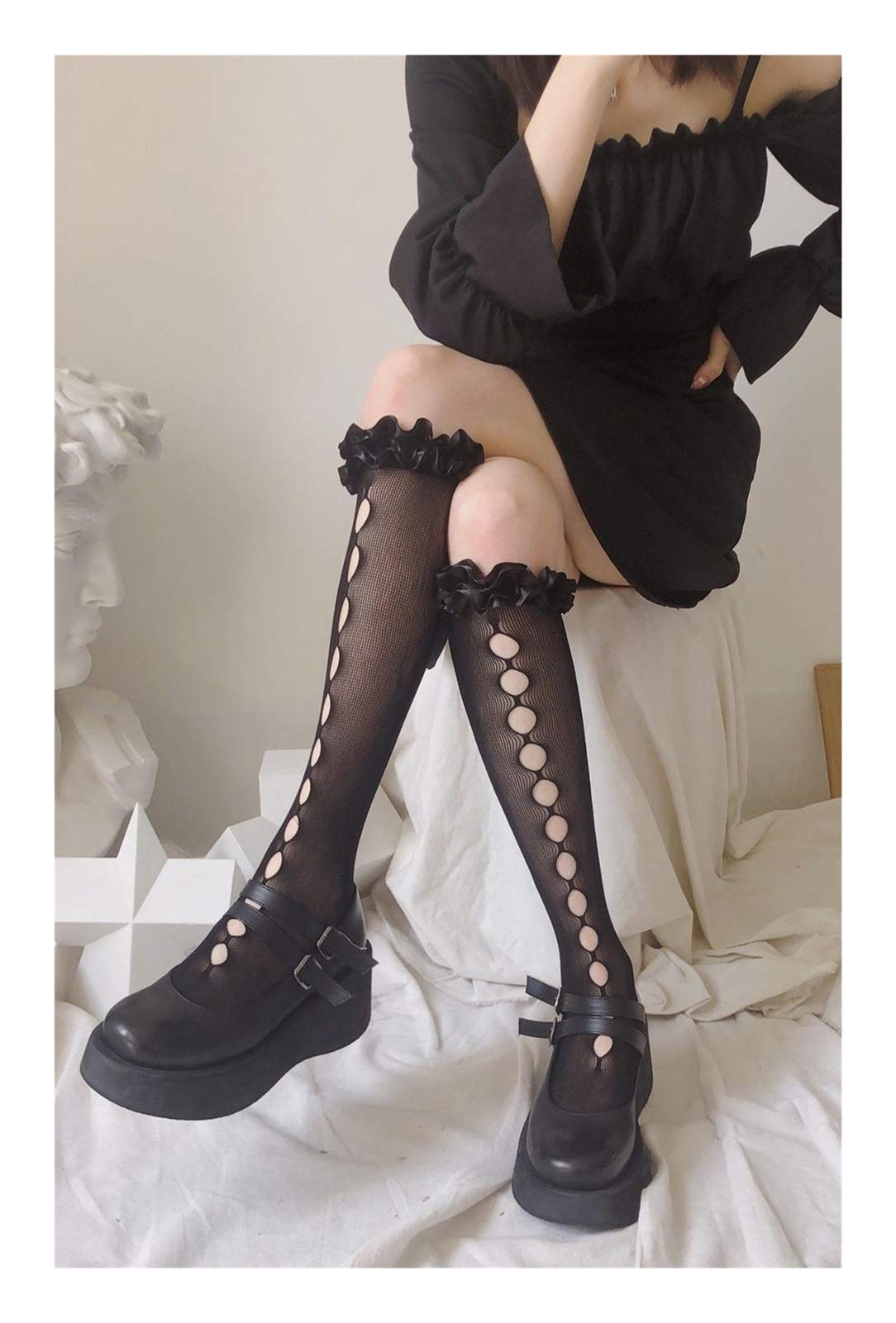 Dames bud soie net maille chaussettes hautes noires à motif ajouré