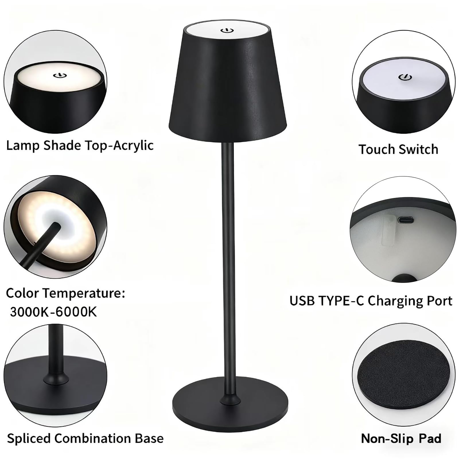 CNMTCCO Bezprzewodowa lampa stołowa, ładowana baterią 5200 mAh, regulowana wysokość, 3 temperatury barwowe, możliwość ściemniania, przenośna, wodoodporna