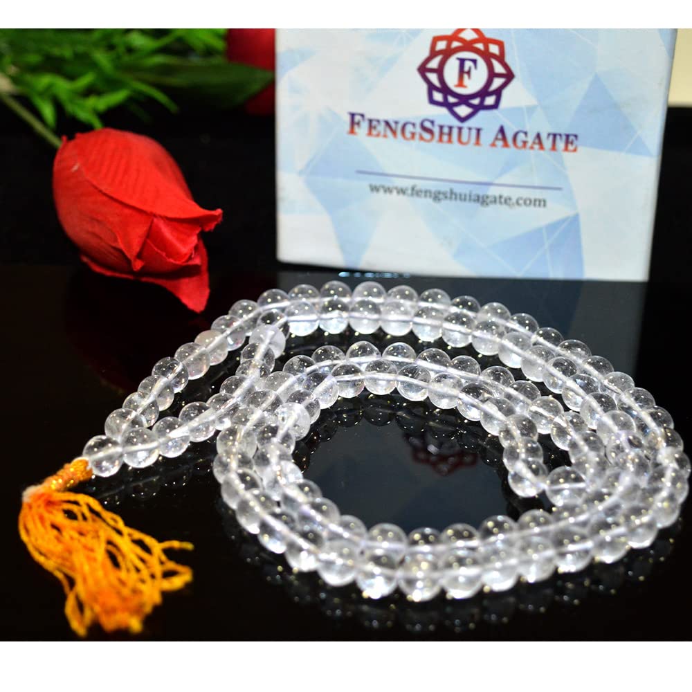FENGSHUI AGATE Products Sphatik Mala Original Made with Crystal Quartz 108 Beads Precious Stones-Perfect for Puja, Jaap, Meditation Energized with Universal Energy Reiki.