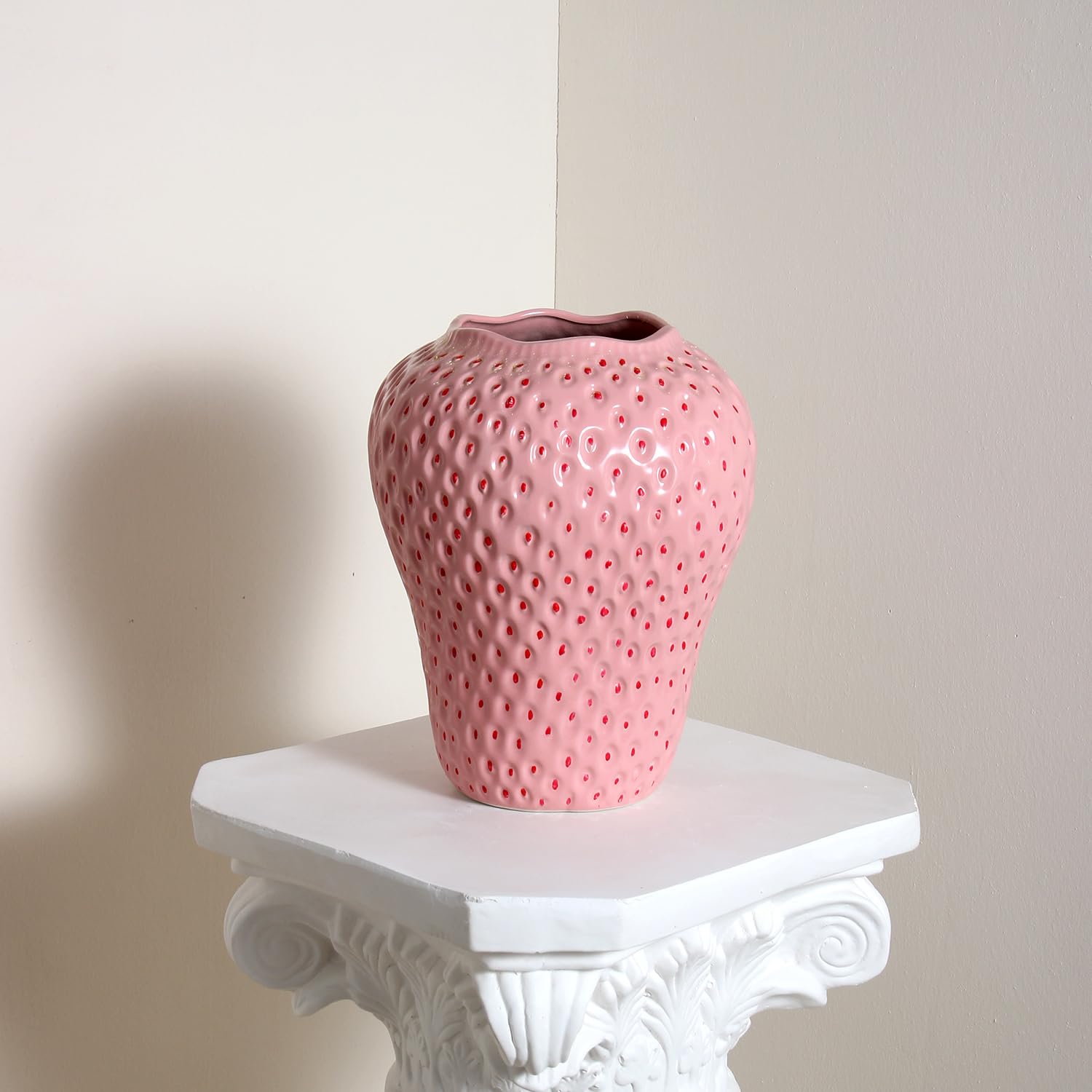 Vase à Fleurs en céramique à Motif de Fraise, Vase décoratif géant pour Arrangement Floral, Unique pour décoration de Maison, Cuisine, Bureau, Centre de Table, Grande Taille, Rose
