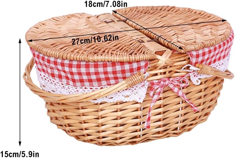 Wicker Picnic Basket with Removable Liner and Lid Vintage Woven Cute Empty Basket with Foldable Handles Handmade Oval Willow Woven Basket for Fruit Wine Gathering Wedding Picnic Camping Outdoor 02