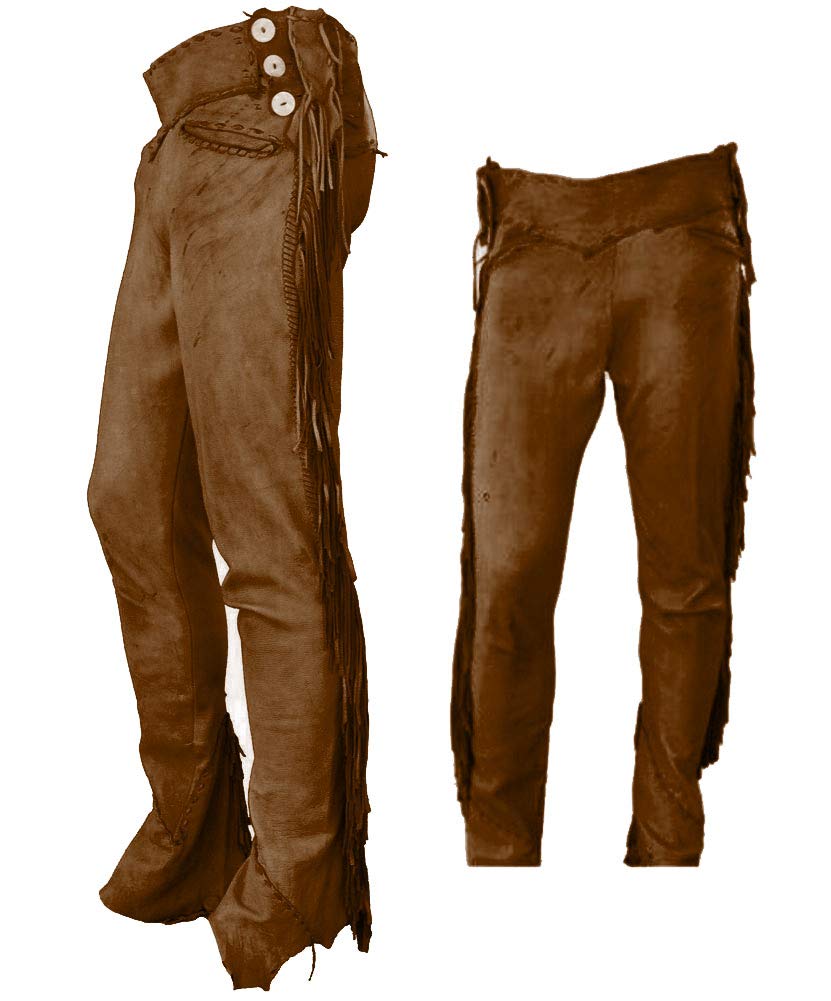 Men's Traditional Cowboy Western Leather Pants Gold Braided with Side Fringe Native American Western Trouser Pant Buck Skin