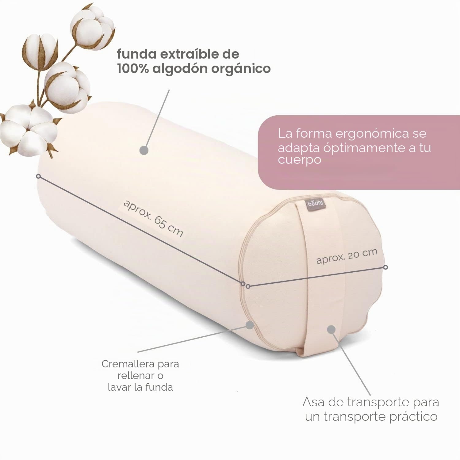 Bodhi | Yoga Bolster ECO | 100% algodón orgánico | Rollo de Yogaroll con relleno de espelta orgánica | Lavable | Cojín de yoga redondo para ejercicios de yoga restaurativos | Grande 65 x 20 cm