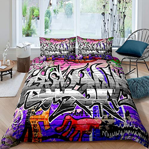 Boys Hippie Graffiti Style Bedding Set Teens Hip Hop Comforter Cover for Kids Youth Graffiti Pattern Duvet Cover Breathable Street Culture Theme Bedspread Cover Room Decor Quilt Cover Double Size