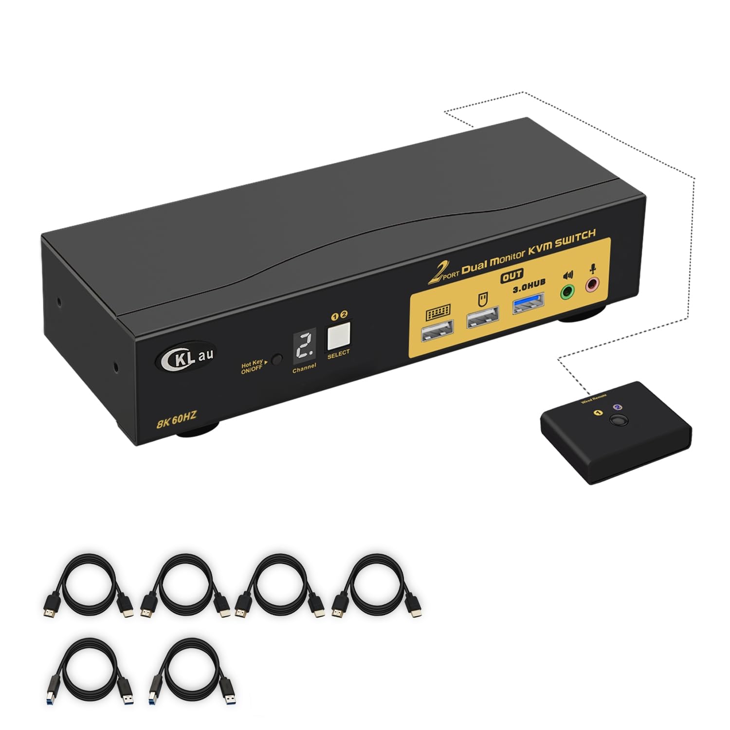 CKLau 2 Port HDMI KVM Switch 2 Monitors 8K@60Hz 4K@144Hz with Cables Supports Emulation EDID, Hotkey Switching, 5.1 Digital Fiber Optical and 7.1 Surround Sound Audio Output