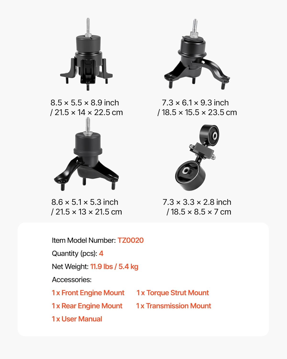VEVOR Engine Motor Mounts, Set of 4, Compatible with 2007–2011 Toyota Camry 2.4L L4, Replace OE# A62009, A4207, A4211, A4274, Secure Support